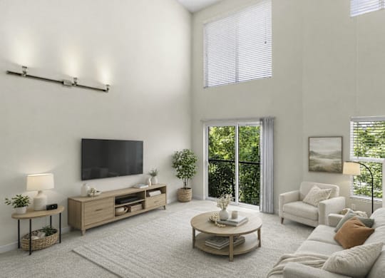 A living room with a flat screen TV mounted on the wall.