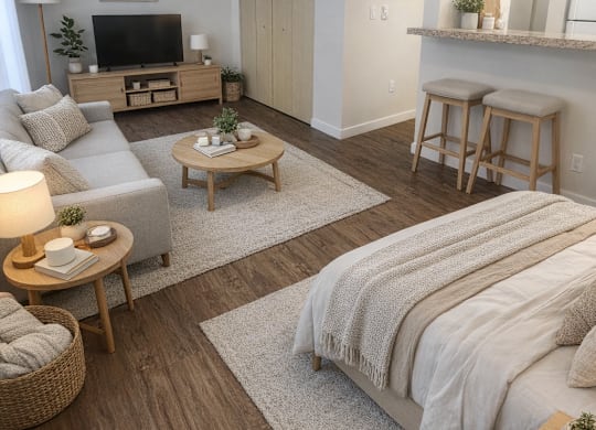 A well-lit, modern bedroom with a large bed and a cozy seating area.