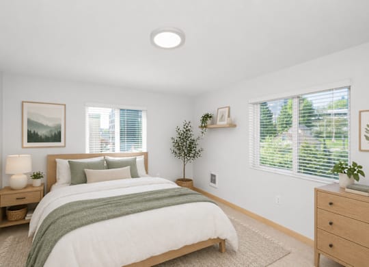 A bedroom with a bed, nightstand, and window.