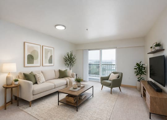 A living room with a couch, chair, and television.
