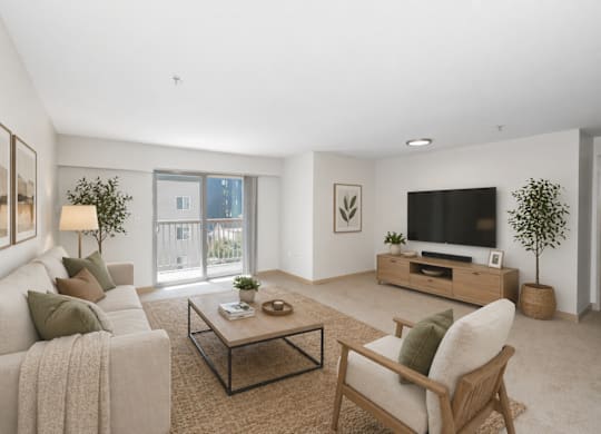 A living room with a couch, chair, and television.