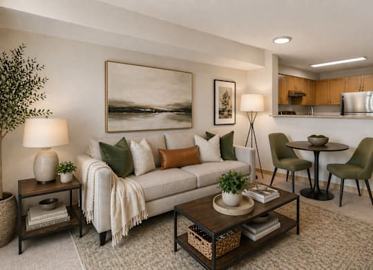 A living room with a couch, a coffee table, and a painting on the wall.
