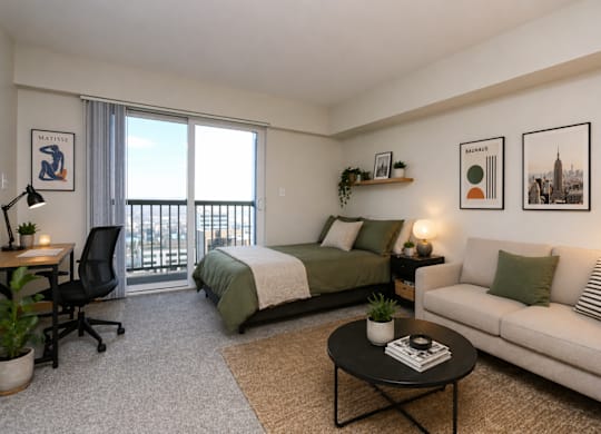 A well-lit bedroom with a balcony overlooking the city.