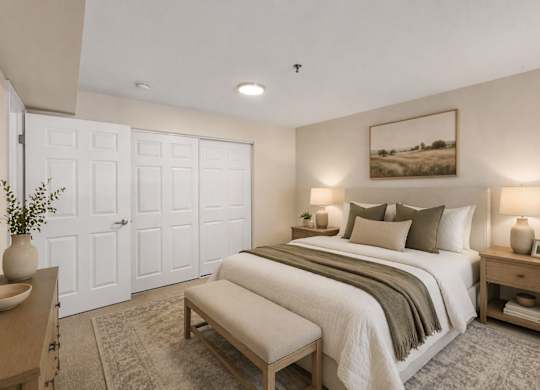 A bedroom with a large bed, a bench, and a painting on the wall.