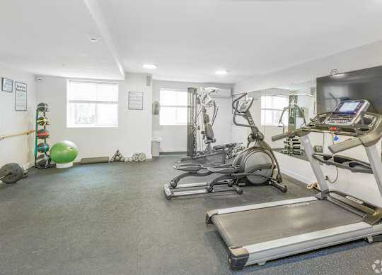 A gym with treadmills, exercise balls, and other equipment.