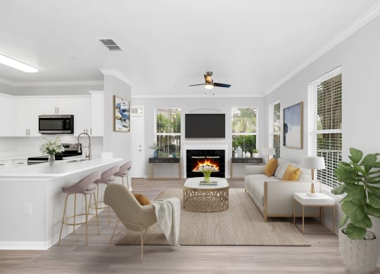 a living room with white walls and a white couch with a coffee table in front of it at Northlake Park, Orlando, FL, 32827
