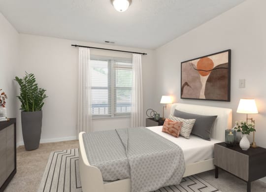 Bedroom with a bed and a window  at Hunter's Ridge Apartments, Fayetteville, NC, 28305