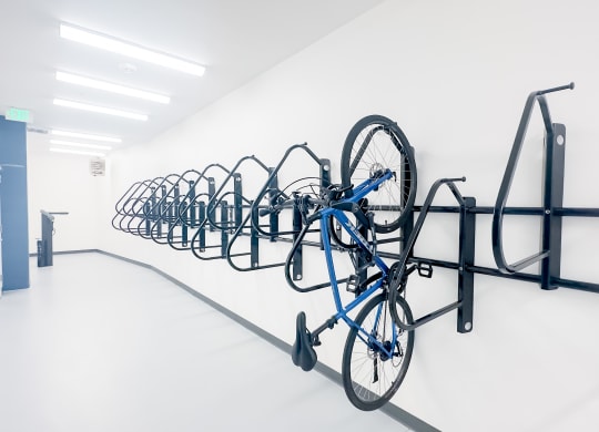 a row of bikes hanging on a wall in a white room