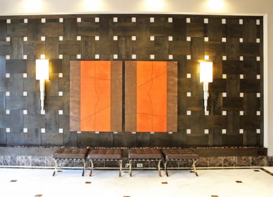 Lobby interior with yellow lights at The Mark at Dulles Station, Herndon, Virginia