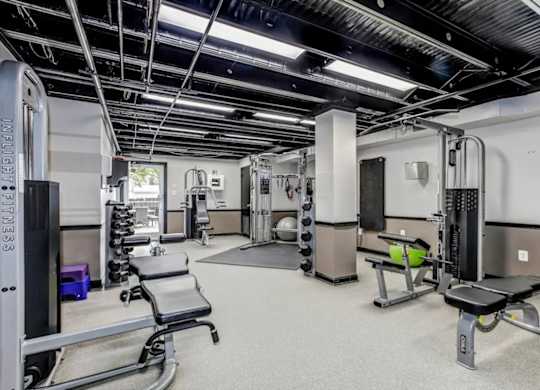 A gym with a variety of equipment including a squat rack, bench, and weights. at Park Georgetown Apartments, Arlington