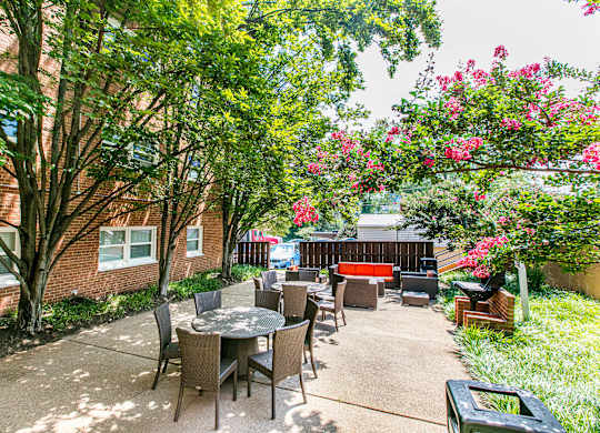 A patio with a table and chairs surrounded by trees. at Park Georgetown Apartments, Virginia, 22209
