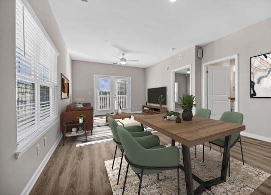 A dining room with a wooden table and green chairs.
