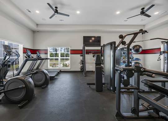 A gym with treadmills, elliptical machines, and weightlifting equipment.