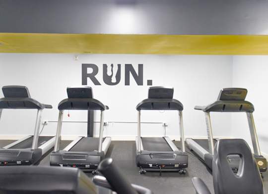 A row of treadmills in a gym with the word RUN on the wall.