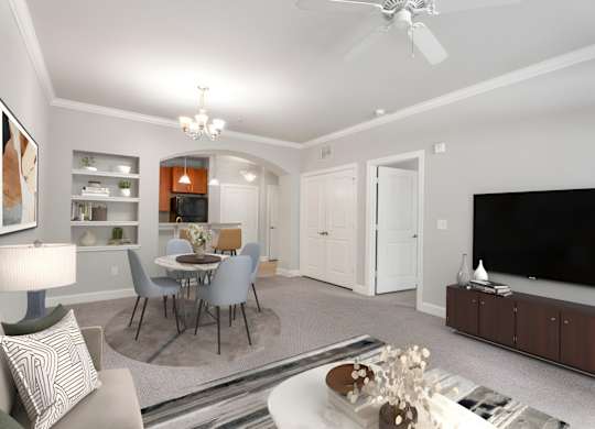 A modern living room with a dining table and chairs at The Villagio Apartments, Fayetteville, NC, 28303