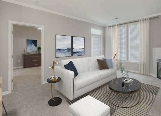 Living room with couch at Woodland Park, Herndon, VA, 20171
