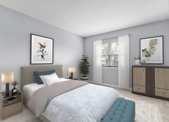 a bedroom with grey walls and a white bed at West Pointe Apartments in Burlington, NC