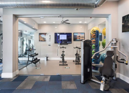 a gym with weights and a tv in a room with a glass door