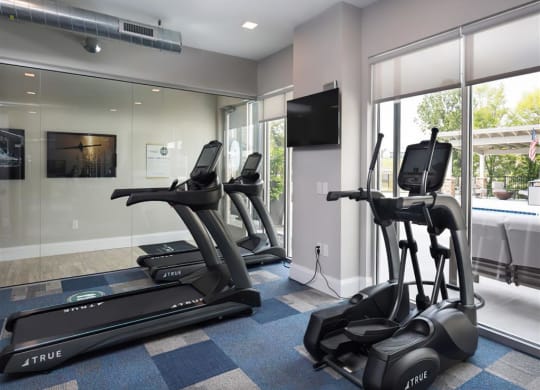a gym with treadmills and a tv in the corner