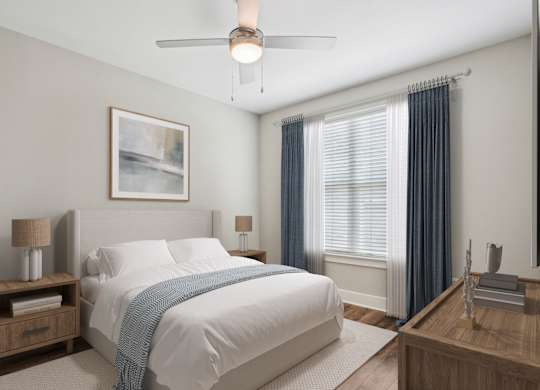 Bedroom with ceiling fan and window treatments at Highline Urban Lofts Apartments, Cypress, 77429