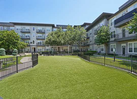 Courtyard with pet area and black fencing at Highline Urban Lofts Apartments, Texas