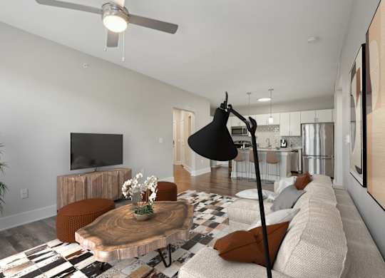 Living room with wood accent furniture and designer lighting at Highline Urban Lofts Apartments, Texas, 77429
