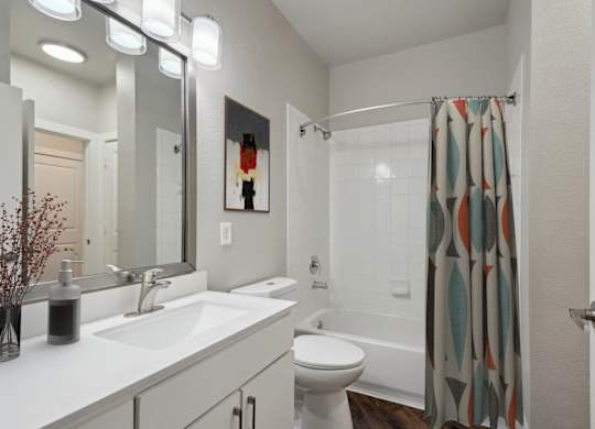 Bathroom with framed mirror and curved shower rod at Highline Urban Lofts Apartments, Texas, 77429