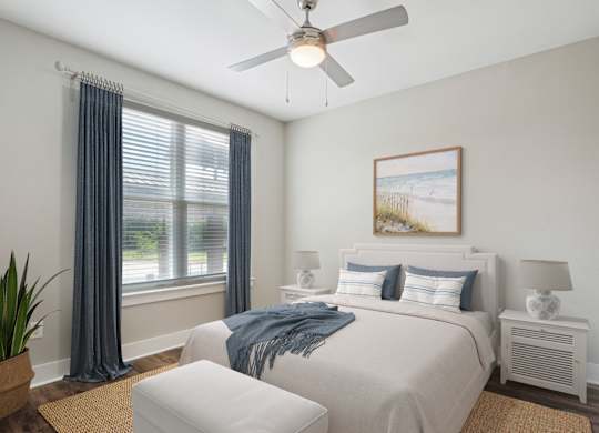 Bedroom with ceiling fan and coastal decor at Highline Urban Lofts Apartments, Cypress, TX 77429