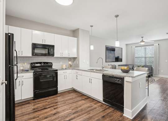 Modern kitchen with white cabinets and granite countertops at Highline Urban Lofts Apartments, Cypress, 77429