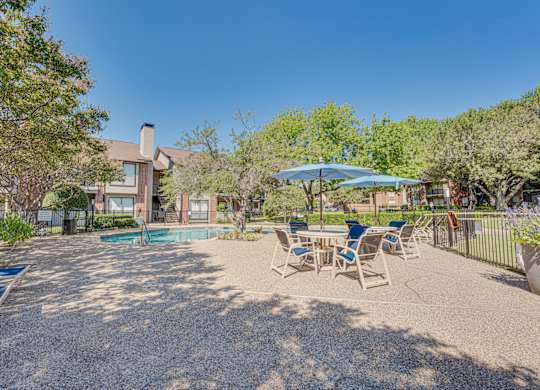Backyard with a pool at Bardin Oaks Apartments, Arlington, 76018