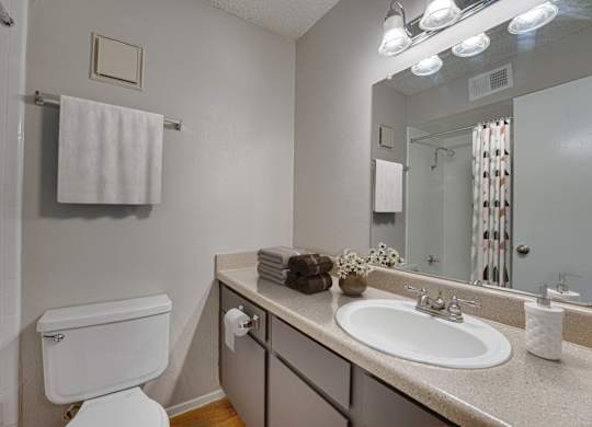 A white toilet is next to a sink in a bathroom at Indian Creek Apartments, Texas