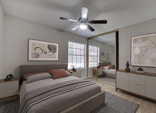 bedroom with ceiling fan at Timberglen Apartments, Dallas, TX