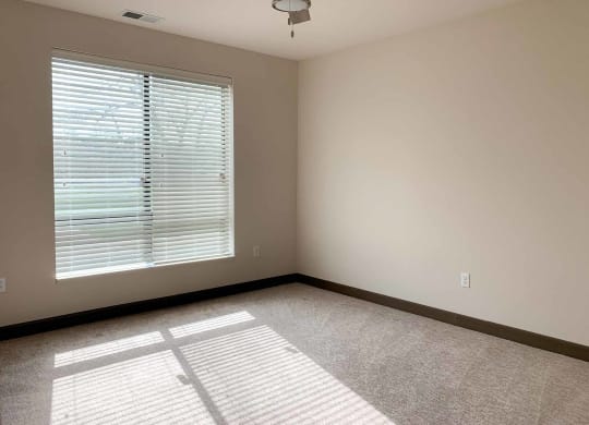 a bedroom a window and ceiling fan