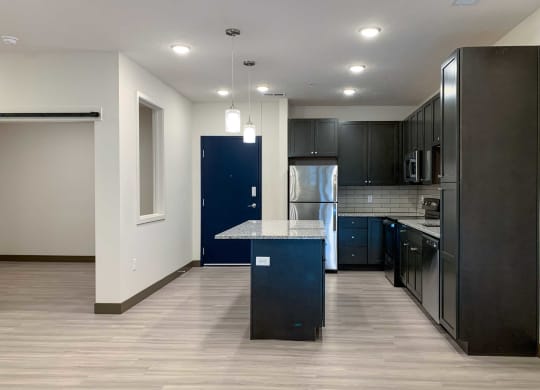 a kitchen with dark cabinets and stainless steel appliances