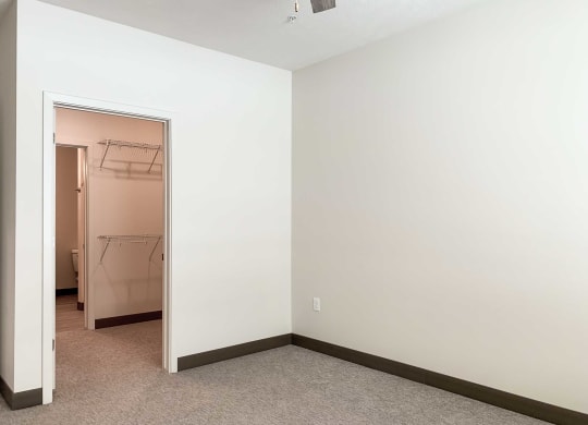 a bedroom with a walk-through closet to a  bathroom