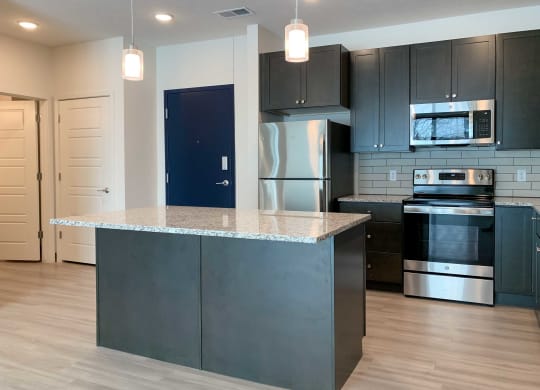 a kitchen with stainless steel appliances, dark cabinets, and granite countertops