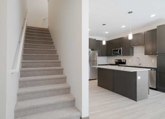 a carpeted staircase next to a kitchen with dark cabinets