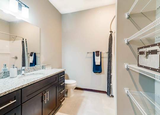 A bathroom with a marble countertop and a walk-in shower.