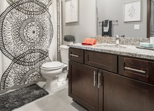 Bathroom with dark cabinetry and light granite countertops at 360 at Jordan West best new apartments West Des Moines IA 50266