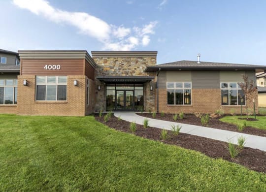 Exterior view of leasing office at 360 at Jordan West best new apartments West Des Moines IA 50266
