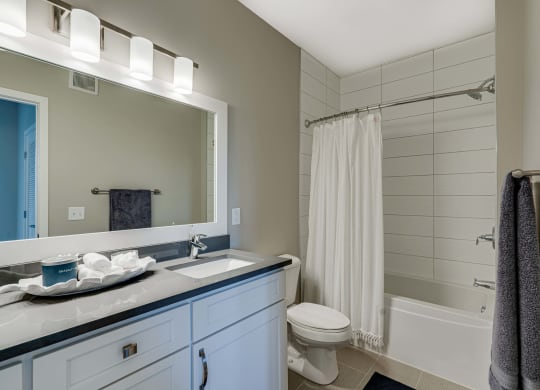 Large bathroom with tiled tub and shower surround in 2 bedroom Princeton floor plan