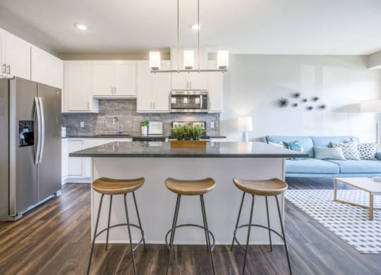 Alpine design scheme with kitchen island at Ascend at Woodbury MN 55129 new luxury apartments