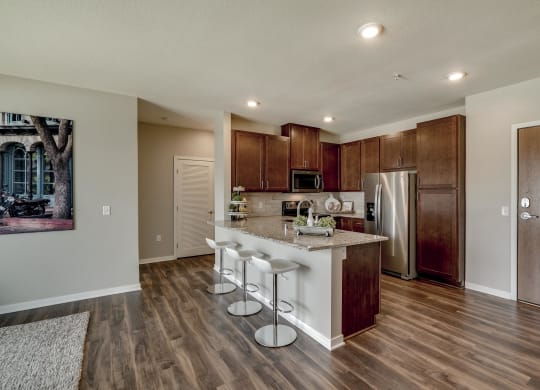 Luxury apartment with dark cabinetry and granite countertops at Ascend at Woodbury MN 55129 new luxury apartments