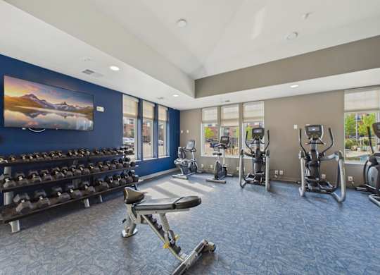 Apartment community fitness center with dumbbell racks, weight bench, elliptical machines, large windows, and blue accent wall.