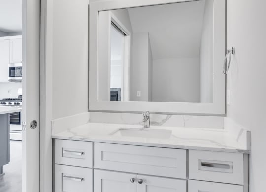 Bathroom vanity with light gray finishes and large mirror at Aspire at CityPlace in Woodbury, Minnesota