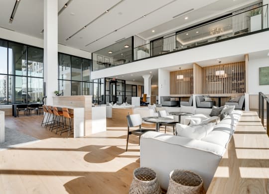 Mulit-level lobby space with entire wall windows at Aspire at CityPlace