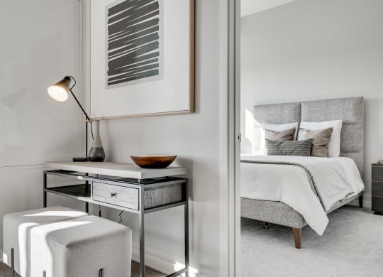 Doorway of furnished bedroom at Aspire at CityPlace in Woodbury MN 55125