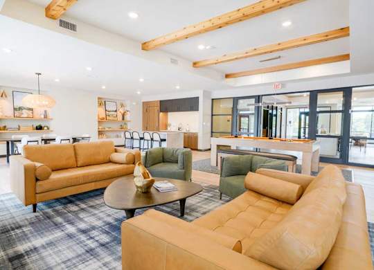 A clubroom with a TV lounge and conversational seating.