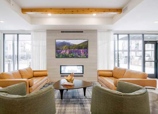 A clubroom with a TV lounge, two-way fireplace, and lounge seating.