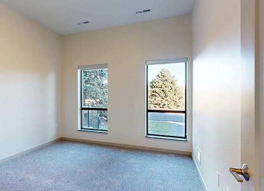 A room with a carpeted floor and two windows.